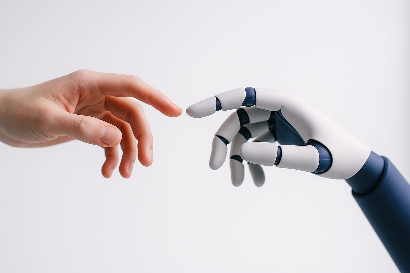 A human hand and an AI hand meeting — AI as a partner to people